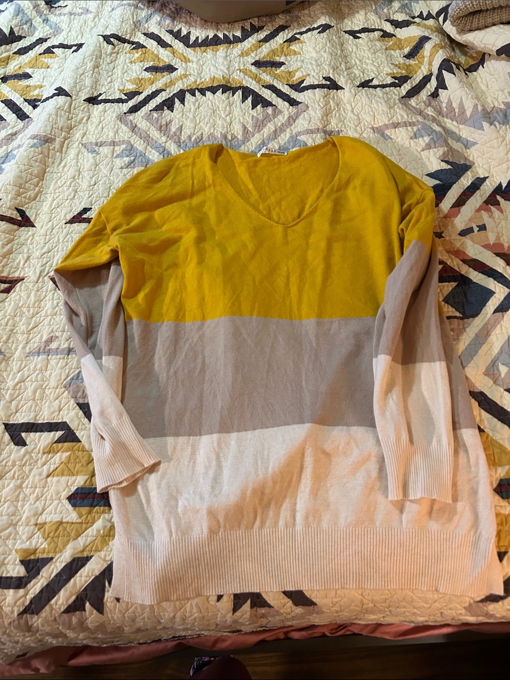 Colorblock V-Neck Sweater in Mustard, Tan & Cream